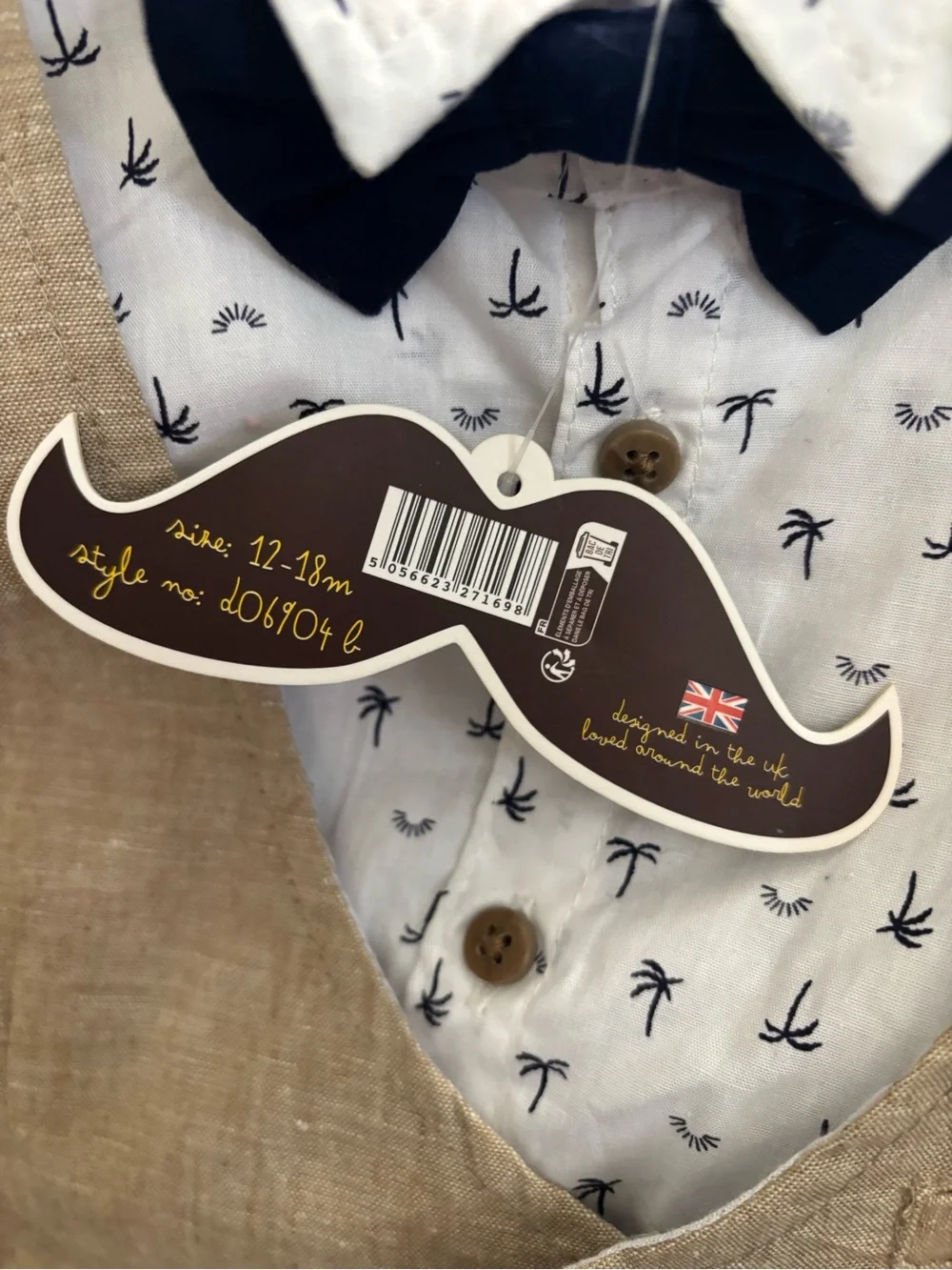 Toddler Beige Linen Vest Outfit with Navy Bow Tie and Palm-Print Shirt